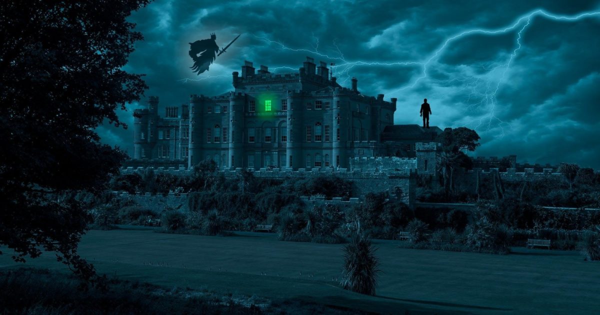 Digitally edited night view of Culzean Castle with lightning, a glowing window and a witch silhouette