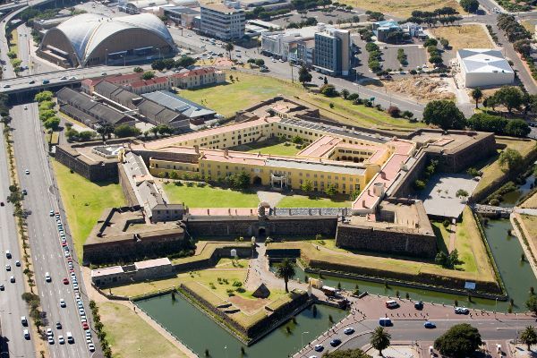Aerial view of the five-sided Castle of Good Hope and its moat in central Cape Town